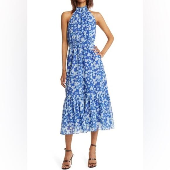 Chelsea28 Womens Floral Print Halter Neck Maxi Dress Blue Surf Aster Floral Sz M - Picture 1 of 5